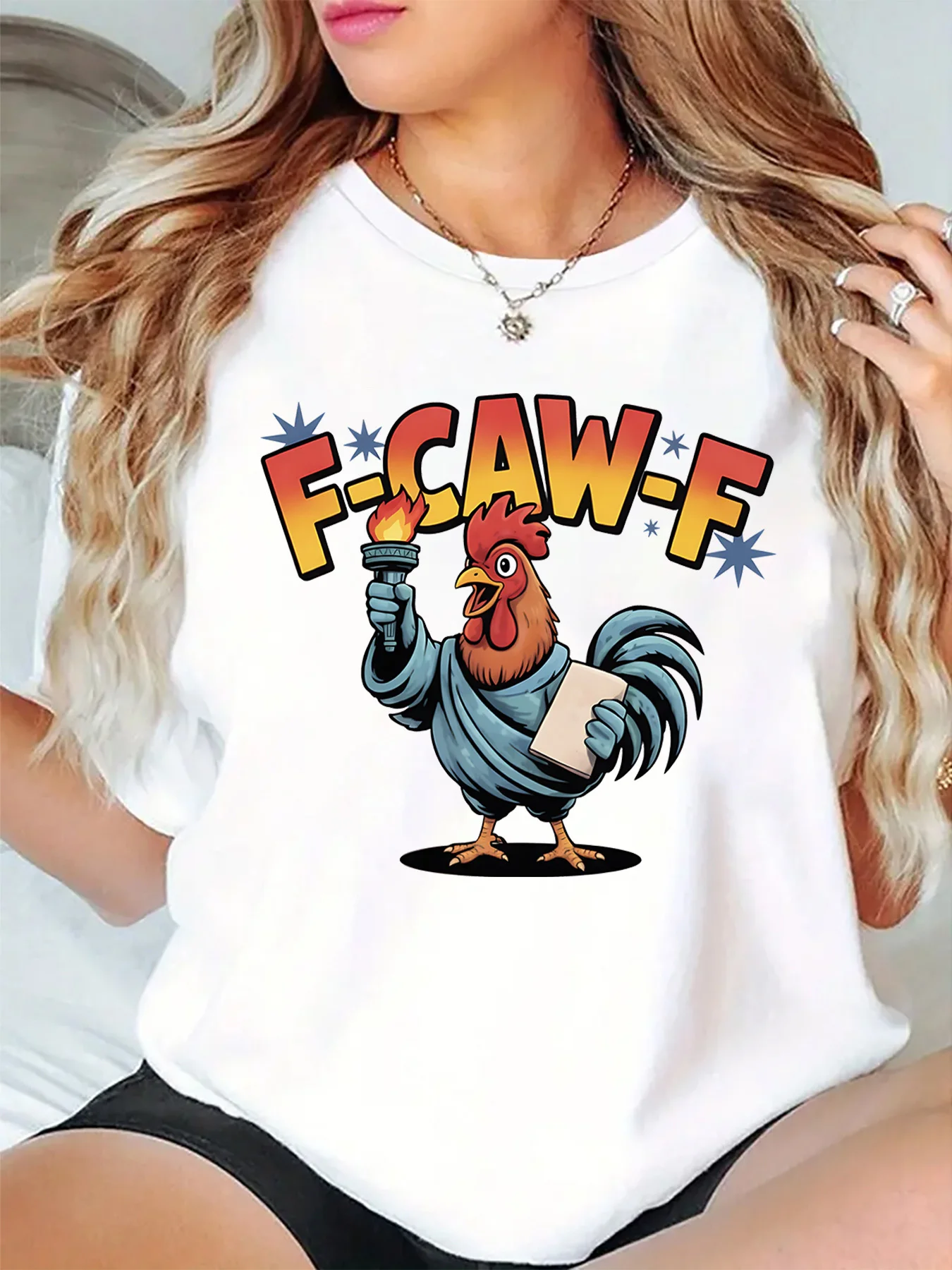 F Caw F Funny Rooster Statue Liberty Torch Art Graphic Womens T Shirt Short Sleeve Crew Neck Daily Casual Ladies Tee Tops