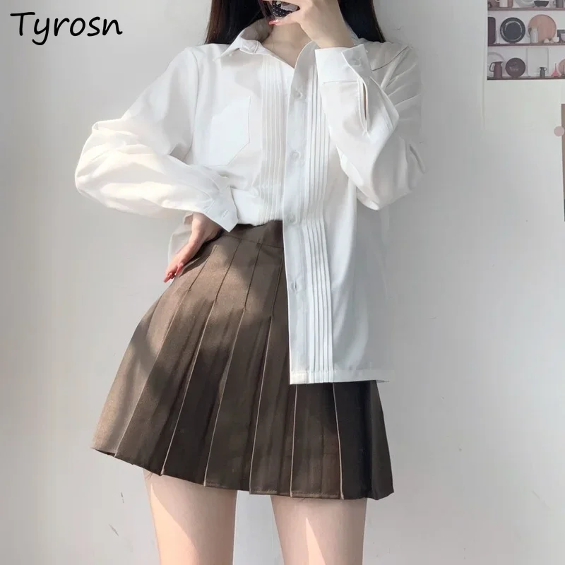 

Skirts Women Pleated Summer Preppy Pure Minimalist All-match Casual Japanese Style 6 Colors Girls High Waist Classic Design Chic