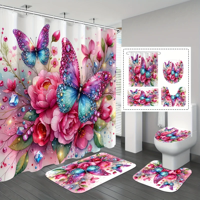 1/4pcs Pink Glitter Flower Set, Elegant Butterfly Shower Curtain with 12 Hooks, Non-Slip Bathroom Carpet