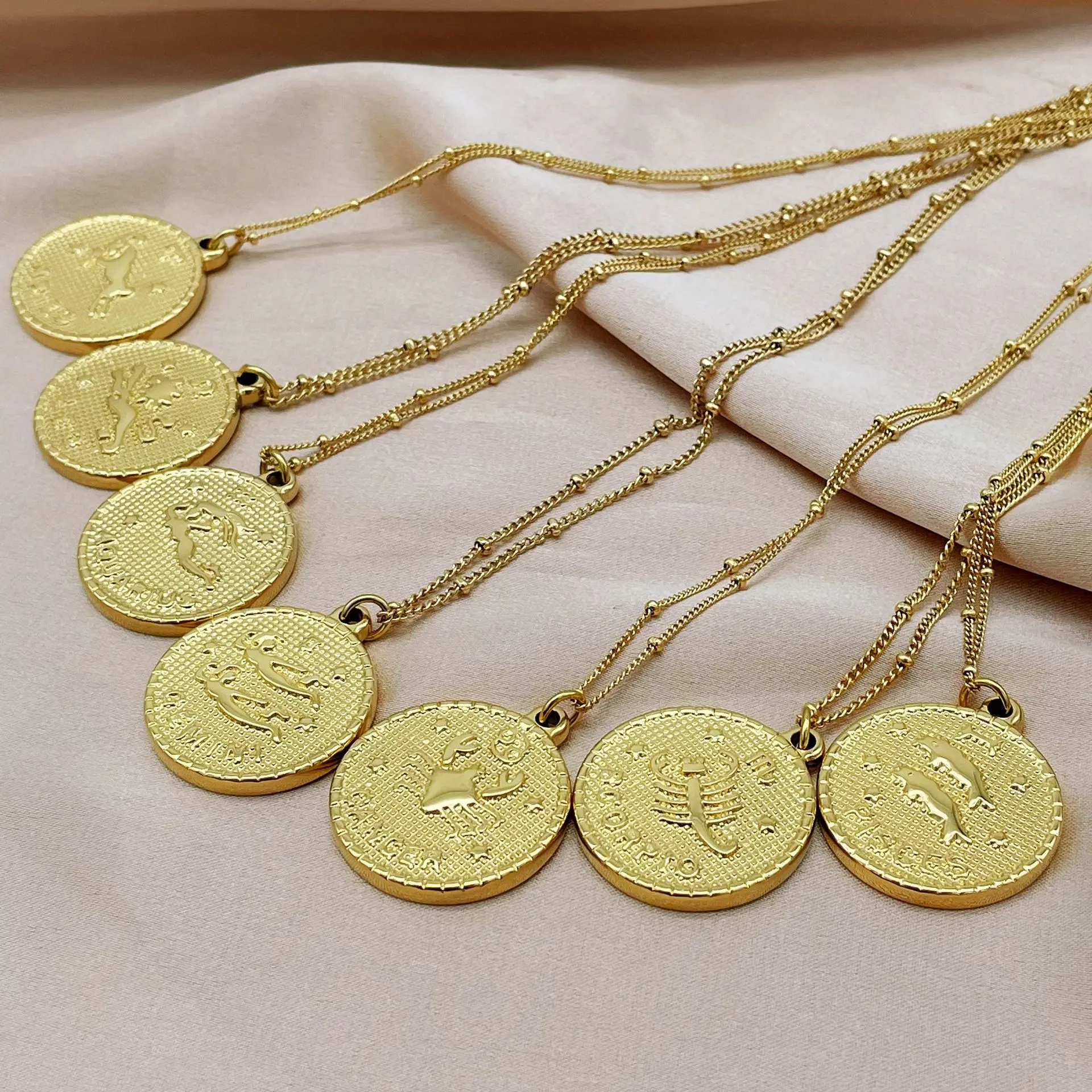 Plated Stainless Steel Coin 12 Constellations Pendant Necklaces Environmental Friendly 1pcs/opp Bag Gold Link Chain NGTC YF2485