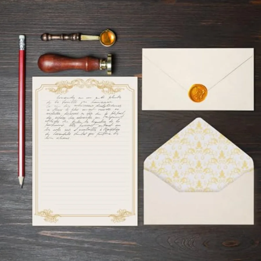 90 Piece Stationery Set - 60 Vintage-Style Paper Sheets + 30 Envelopes, Gold Border Letter Writing Paper for Love Letters and P