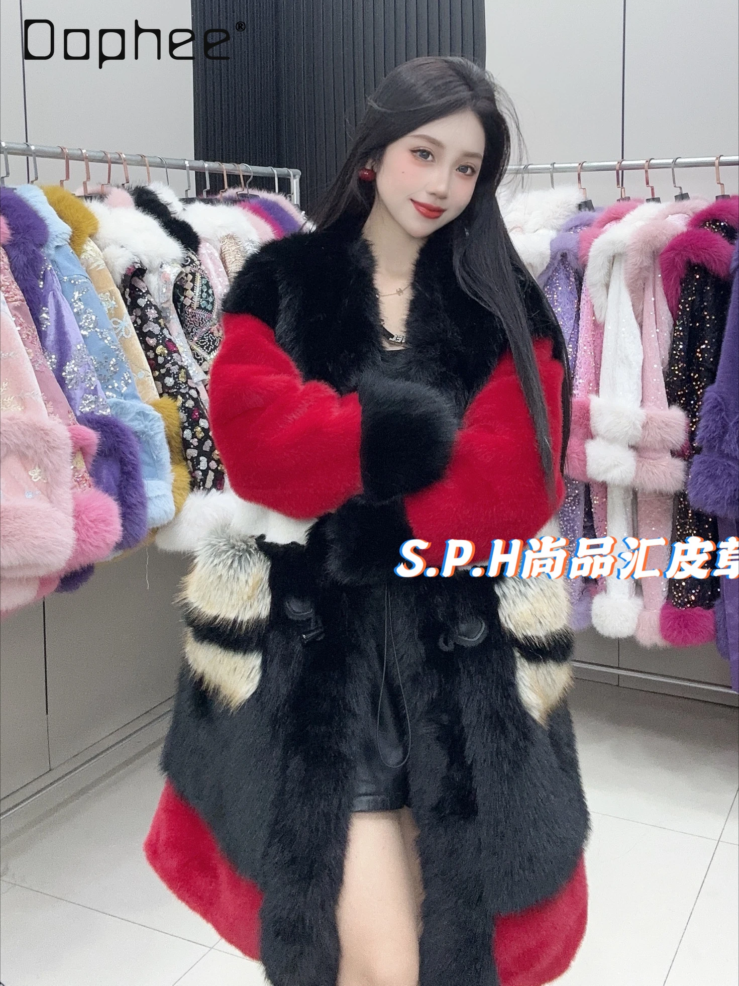 

Contrasting Color Splicing Long Faux Fur Coats Women 2024 Winter New Thickened Horn Buckle Jacket Elegant Lady Fluffy Jacket