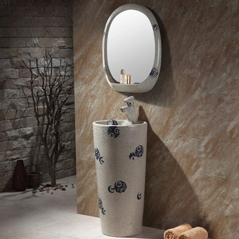 

Ceramic vertical washbasin column basin Floor-to-ceiling outdoor retro washbasin cylindrical Nordic black small column basin