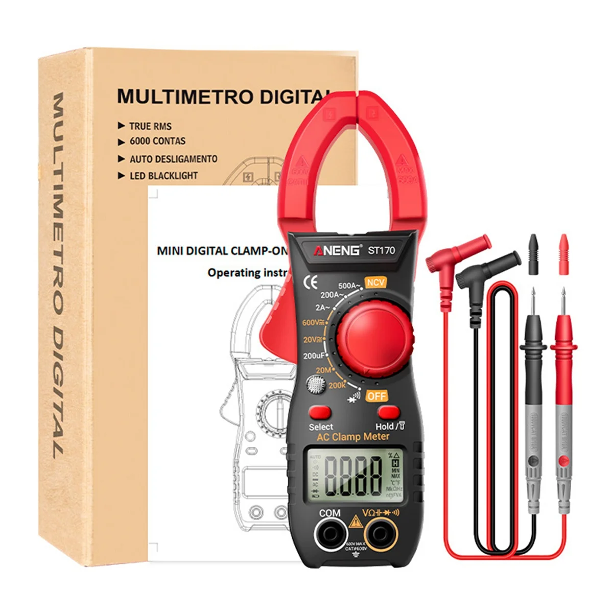 

ANENG ST170 Clamp Meter Digital Multimeter 500A AC Current AC/DC Voltage Tester Capacitance NCV Ohm Diode Tester(Red)