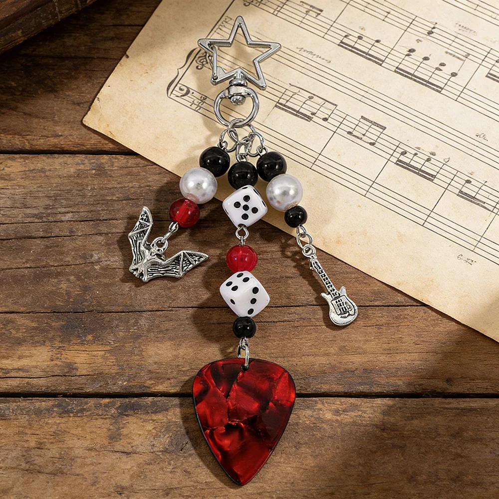 Creative Guitar Paddle Dice Pendant Keychain Charm - Personalized Backpack Decoration Key Chain for women men