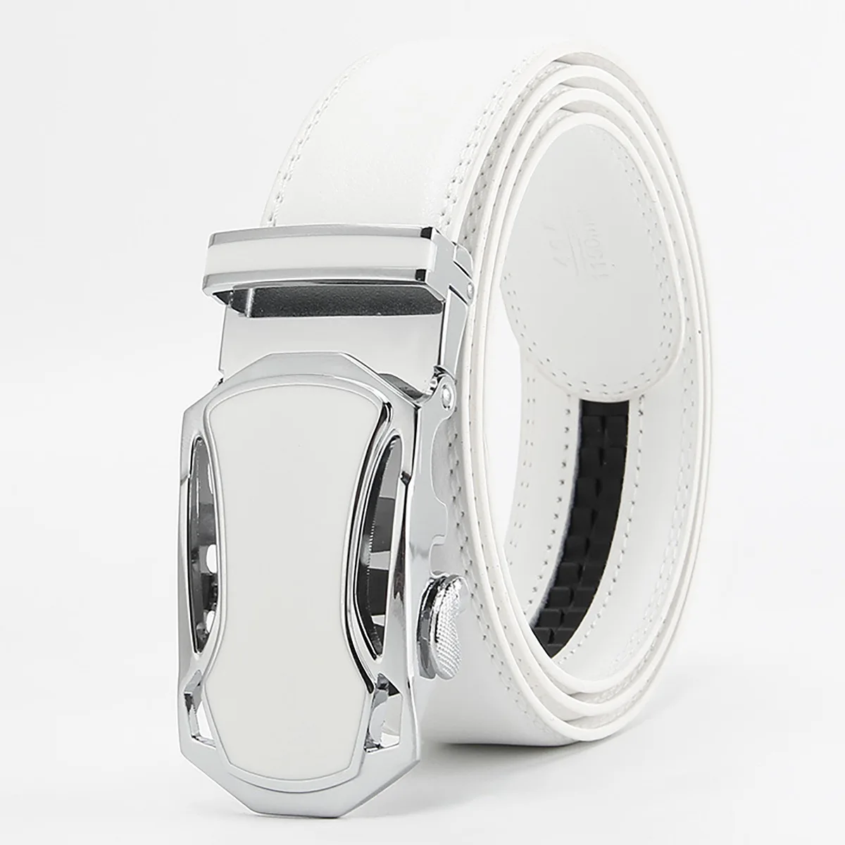 Brand Alloy Automatic Buckle Men Belts White Cow Leather High Quality Ratchet Waist Belt No Holes 3.5cm Width