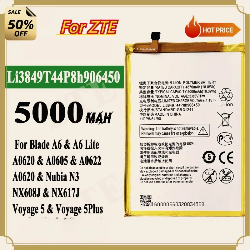 2026 High Quality Premium Replacement 6400Mah Mobile Phone Battery Li3849t44p8h906450 for Zte Blade A6 A6020 Lite A0622