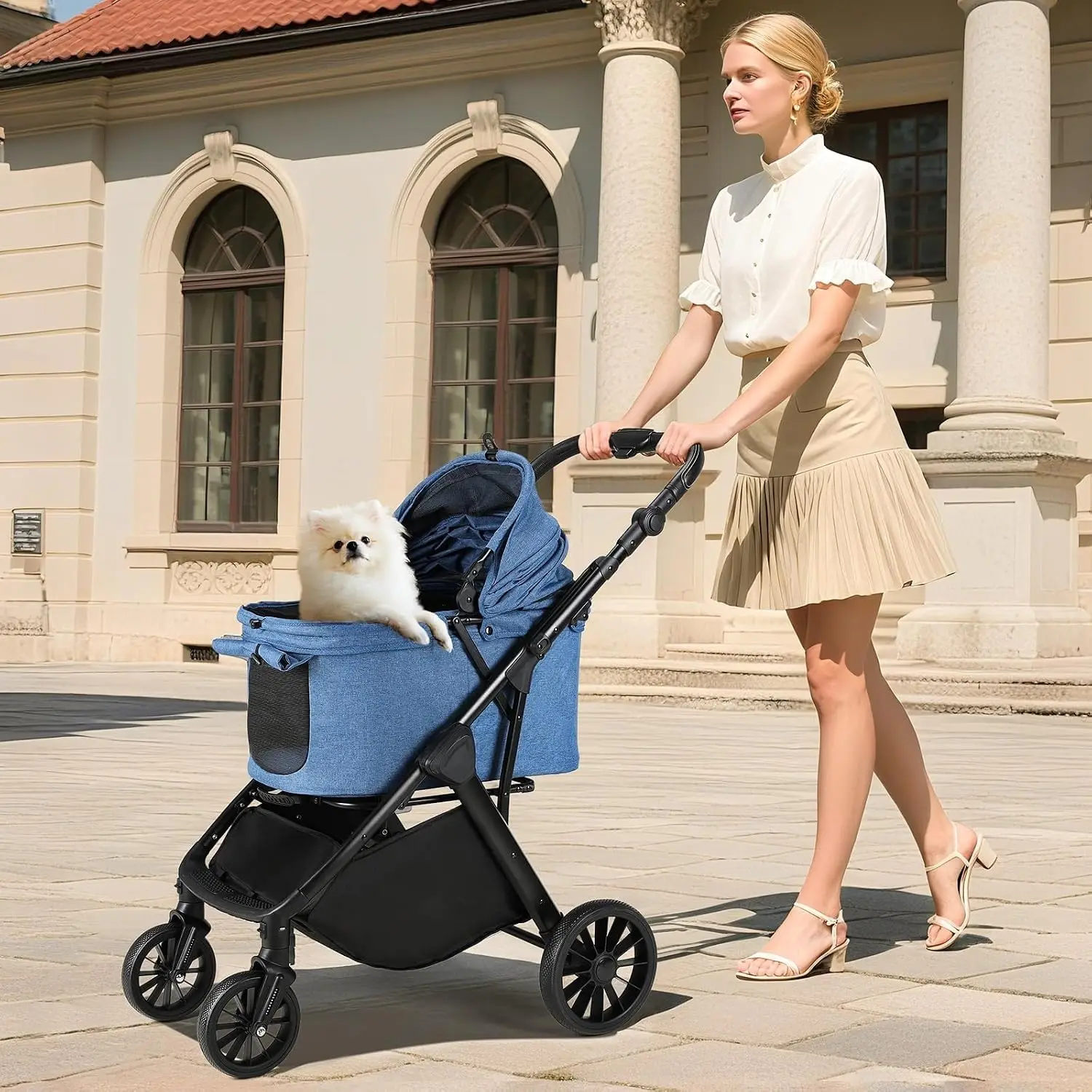 Foldable Dog Stroller for Medium Dogs Up to 33 Lbs, One-Click Fold | All-Terrain Pet Stroller for Senior & Injured with Adjustab
