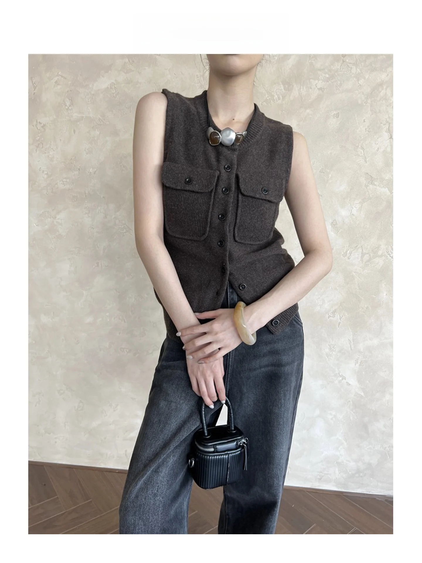 

ARETE AK Wool Blend Knitted Vest Casual round Ne Open Cardigan Commute Sle Faionable Mixed Fabric Women's Svel Top