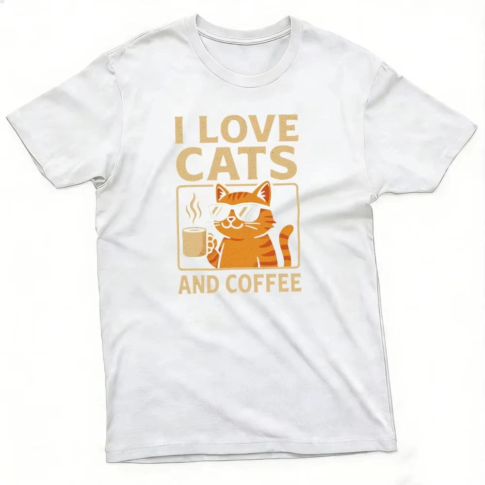 Vintage I Love Cats And Coffee Graphic T Shirt Cool Ginger Cat With Sunglasses Print Cat Lover Coffee Addict Pet Owner clothes