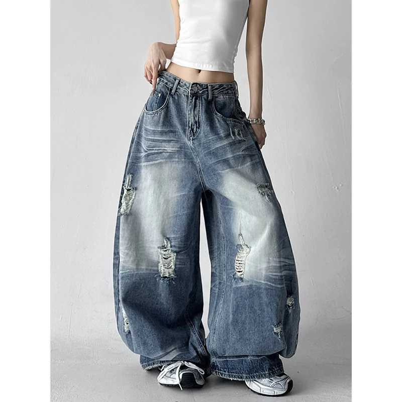 

ZHIZOU Women's Blue Ripped Cargo Jeans Harajuku Y2k Baggy Denim Trouser Vintage Oversize Jean Pants Japanese 2000s Style Clothes