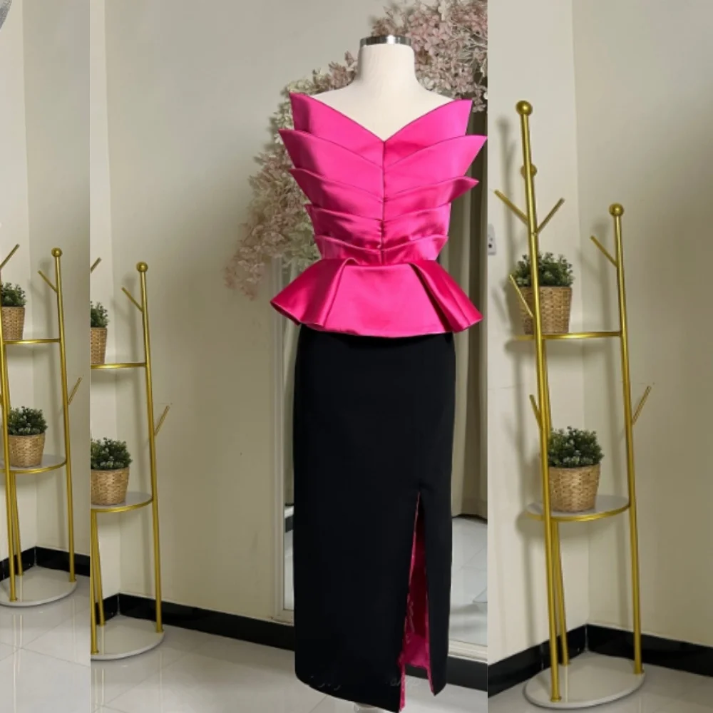 Customized  Sexy Casual   Satin Pleat Cocktail Party A-line Strapless Bespoke Occasion Gown Midi Dresses