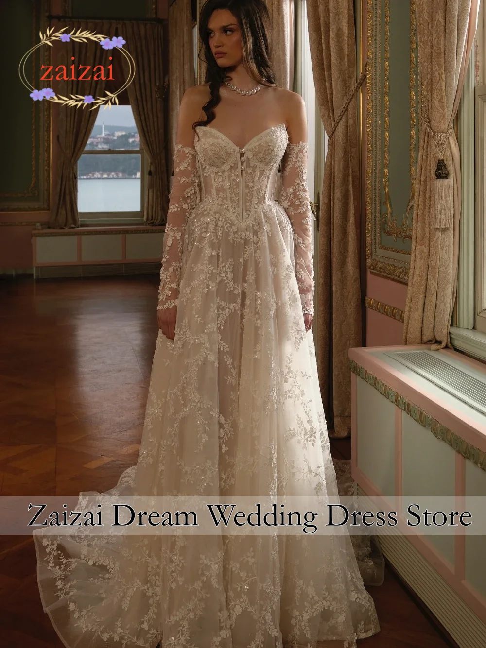 Customized Fancy Women's Wedding Dress A-line Sweetheart Full Sleeves Lace Appliques Zipper Brush Train Vestidos de Novia