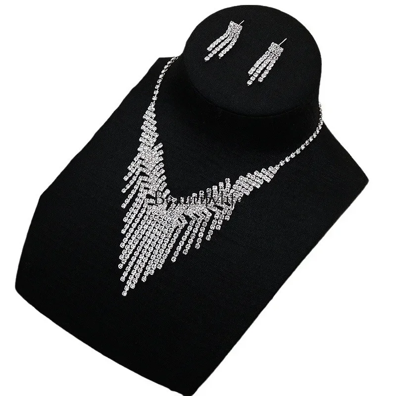 European and American bride chain earrings with diamonds 2-piece set full of flash diamond tassels