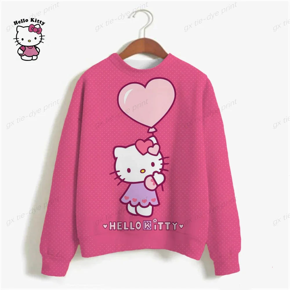 Casual HELLO KITTY Print Sweatshirt Women Fashion Cartoon Long Sleeve Loose Hoodies Y2k Streetwear 2024 Autumn Lady Pullovers