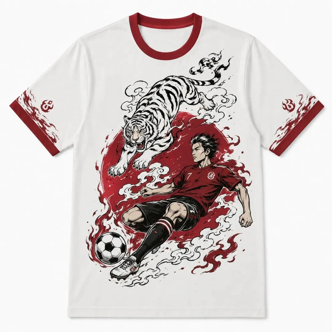 Men's Red Collar Soccer Printed Tiger Pattern White T-shirt Japanese Anime Style Short Sleeve Ukiyo-Style Urban Sports Style