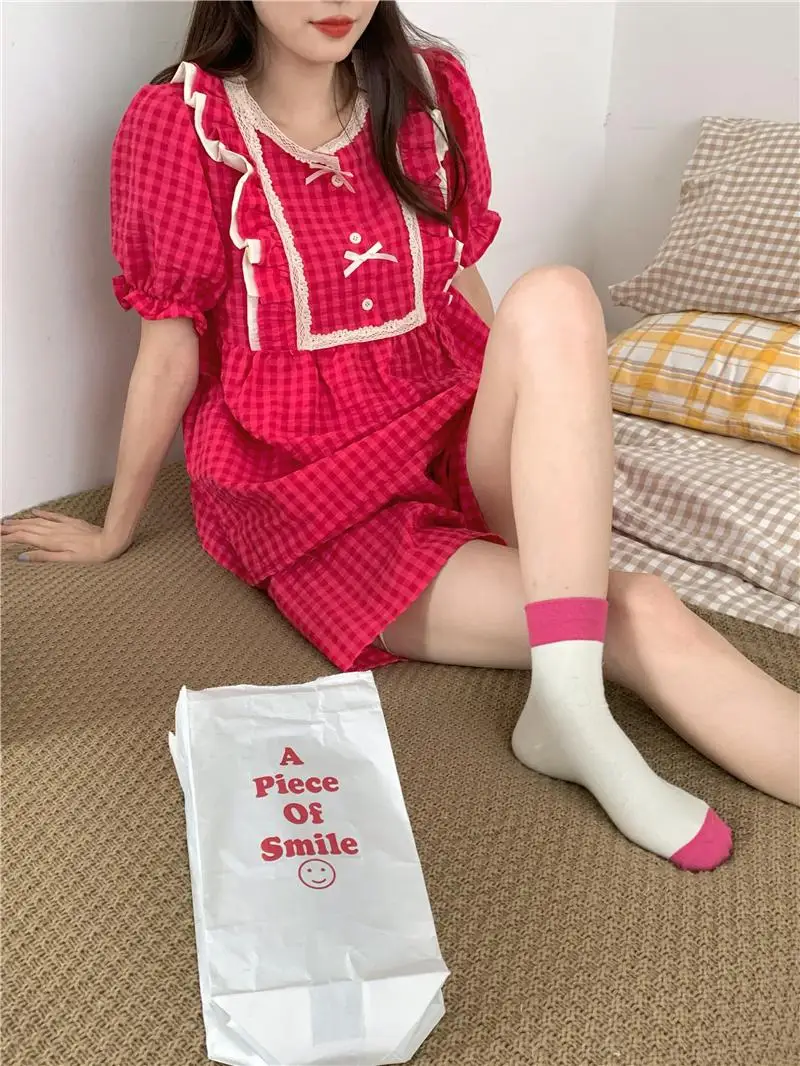 Pitaya Color Plaid Summer Pajamas Set Women Bow Buttons Ruffles Shirts Top + Shorts Cotton Sleepwear Two Piece Home Suit