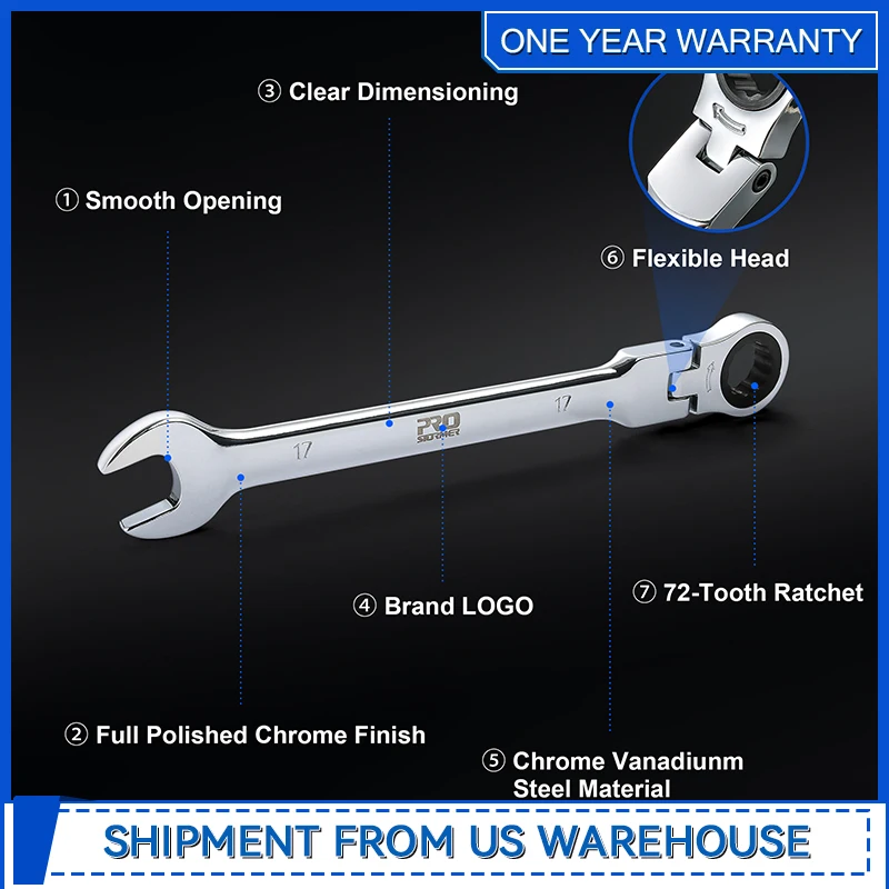 14-Piece Metric Flex-Head Ratcheting Wrench Set 6-19mm Combination Wrench Kit with Storage Case 72 Tooth Cr-V Steel Constructed