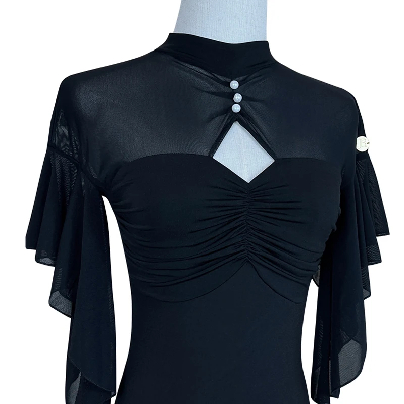 2025 neue Ballroom Dance Top Frauen Moderne Tanzen Kostüm Schwarz Mesh Body Erwachsene Walzer Ballroom Dance Training Kleidung AMY 2623