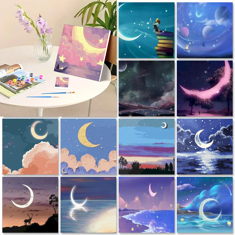 

20x20cm Framed Starry Sky Scenery Painting By Numbers On canvas Digital Oil Number Painting Kits Landscape Modern Paint With Num