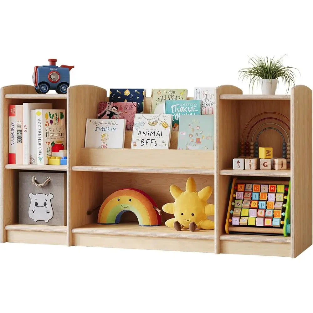 

2-Tier Wooden Cube Bookcase for Kids, Ideal for Nursery, Classroom, and Playroom Storage (Natural)