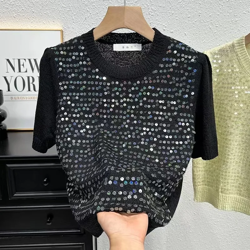 High Streetwear Blingbling Sequined Short Cropped Sweaters For Women Summer Knitwear Pullovers Tops Korean Popular Clothes