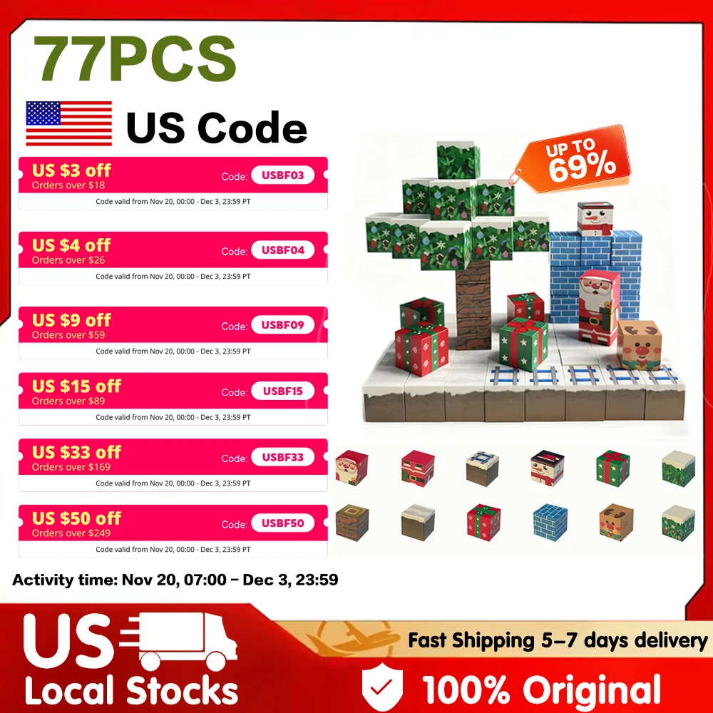 

Creative 77 PCS Christmas Magnetic Cubes Family Fun Building Blocks Educational DIY Stacking Construction Toy Gift for Children