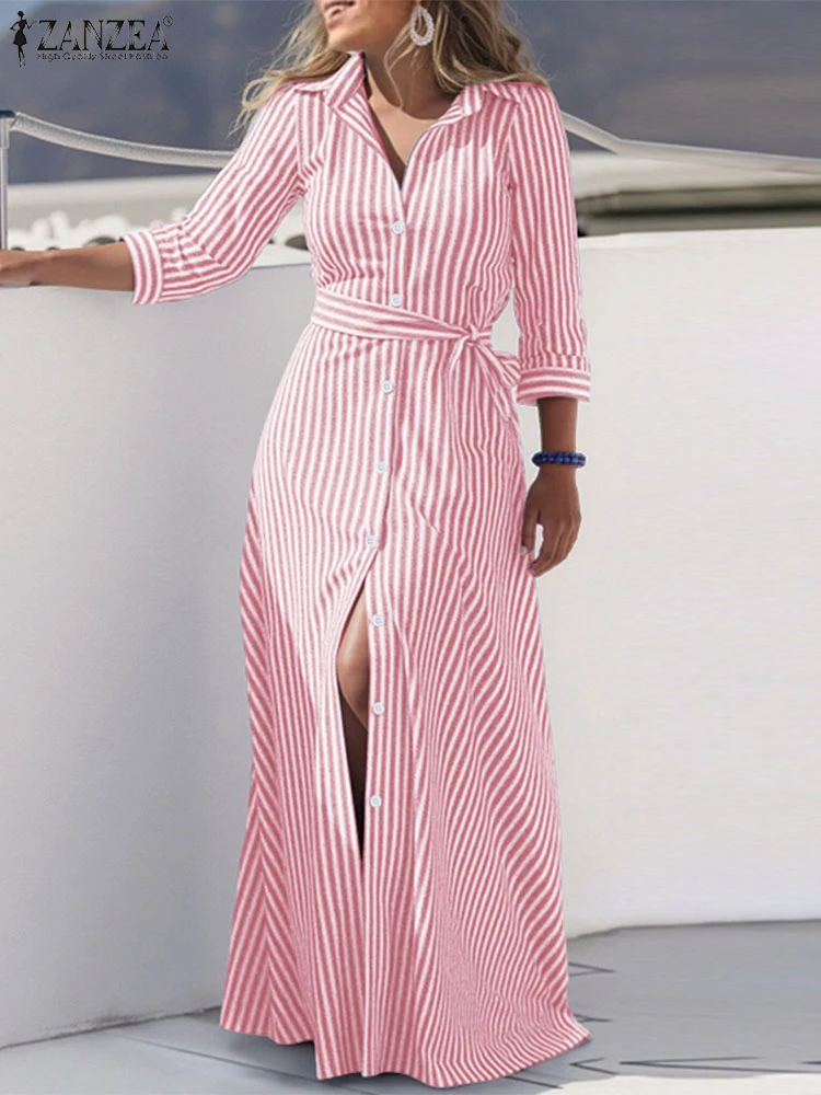 Zanzea elegante feminino lapela pescoço manga longa vestido listrado 2025 outono vestido de verão botões até vestidos officewear robe femme