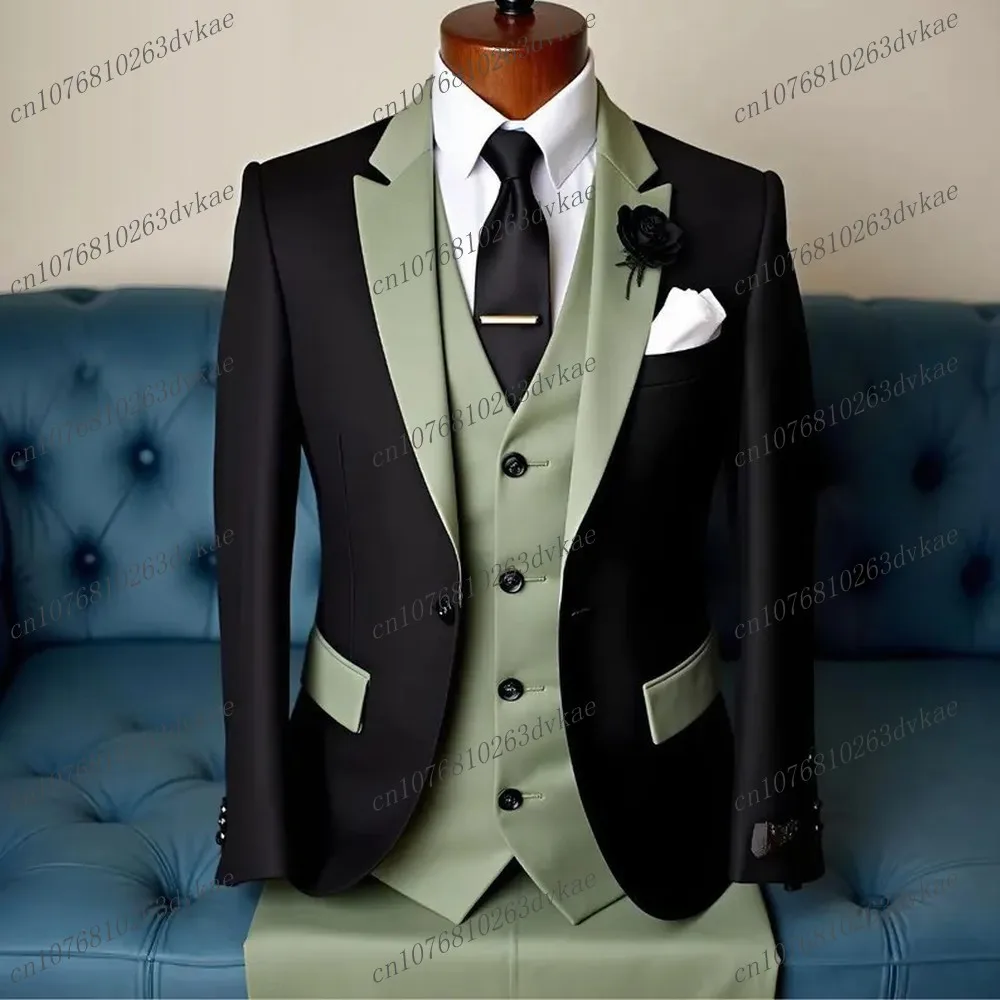 

Новый мятно-зеленый и черный мужской костюм для свадебной вечеринки, формальный жених, жених, выпускного вечера, деловой мужской смокинг, комплект из 3 предметов, куртка, жилет, брюки