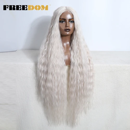 Imagen 2 del producto Pelucas delanteras de encaje sintético FREEDOM para mujeres negras, pelucas de encaje rizado largo de 42 pulgadas, peluca de Cosplay marrón Rubio jengibre blanco rosa