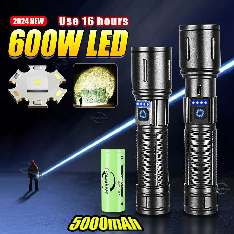 5000mAh Ultra Powerful LED Flashlight 600W High Power LED Torch 26650 18650 USB Rechargeable Zoom Aluminum Alloy Outdoor Lantern