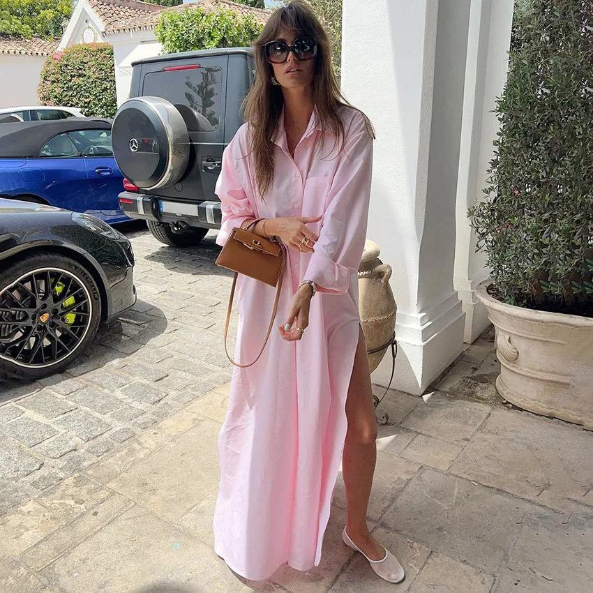 เดรสเชิ้ตผู้หญิงทรงหลวมสไตล์ลำลอง แฟชั่นปี 2025 แขนยาว ความยาวระดับข้อเท้า ดีไซน์เรียบหรู ผ่าข้าง