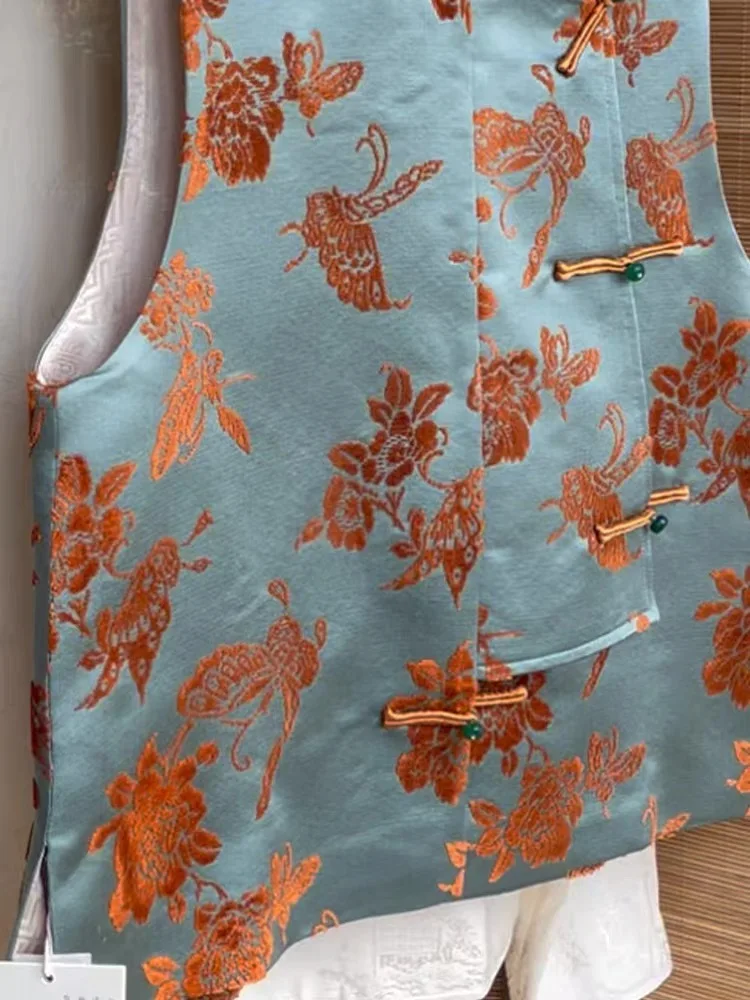 Damska kamizelka w stylu chińskim, nowy trend, mała francuska elegancja, modny top, zapinany na jeden guzik, wzór roślinny.