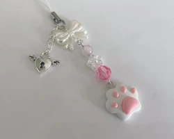Handmade Pastel Pink Kitten Paw Phone Charm - pink | white - keychain phone accessory  cutecore cottagecore