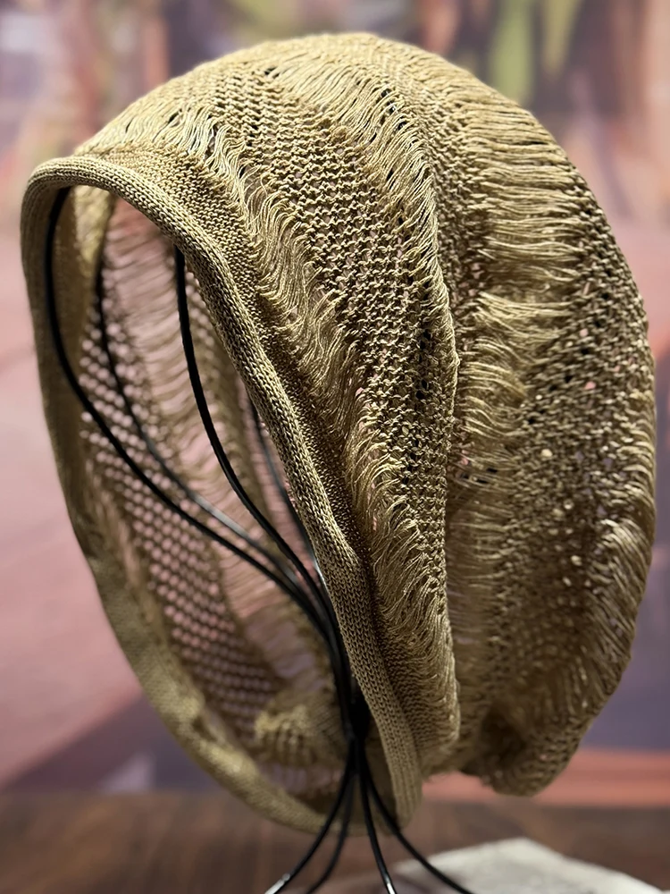 Fashionable Knitted Hollow out Thin Women's Winter Hat Spring Autumn No Brim Cap round Top Breathable Cotton Polyester