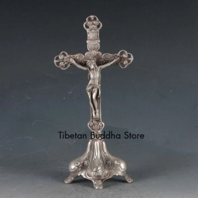 

Rare old Tibet Silver hand-carved The Cross Of Jesus Statues 20322