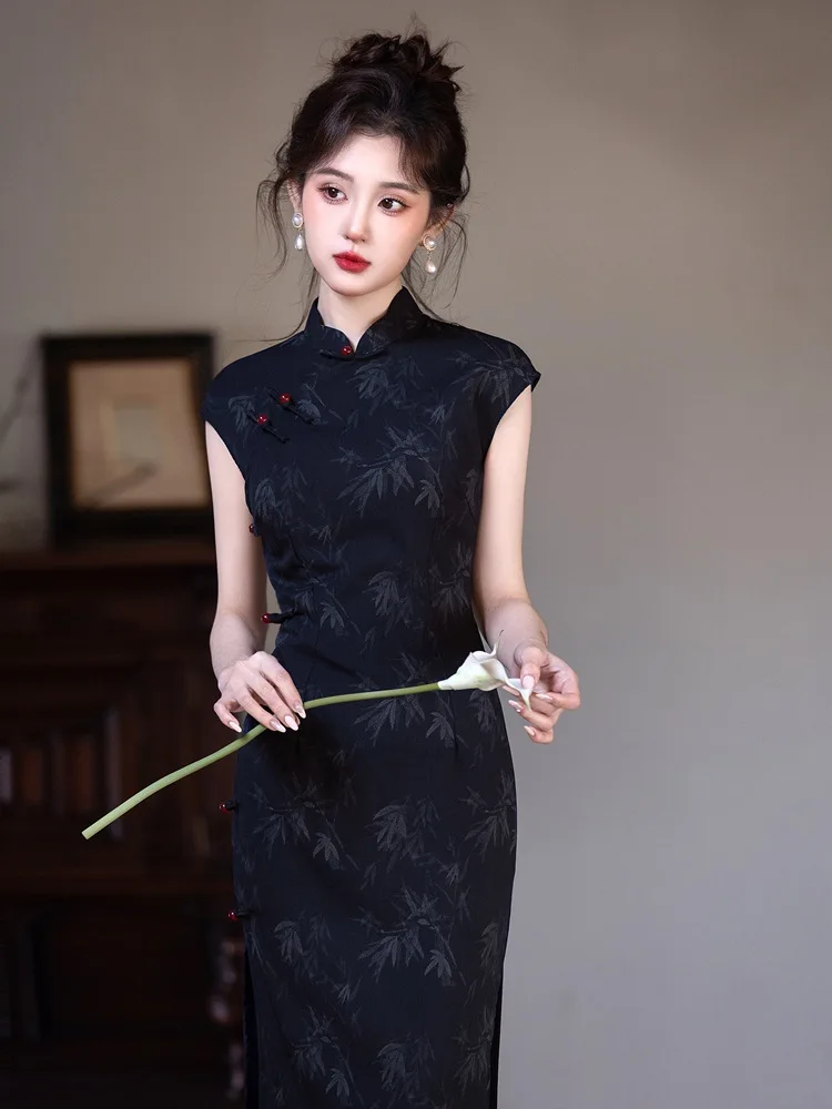 

New Chinese Style Bamboo Improved Qipao for Young Girls, Slim Fit Sleeveless Tibetan Blue Dress Qipao