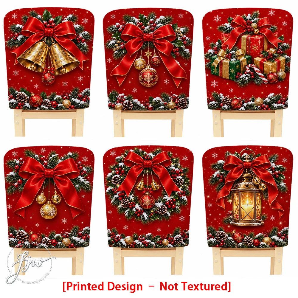2/4/6pc Christmas Chair Back Covers Red Xmas Dining Chair Slipcovers with Bells Wreath Gift Box Designs for Holiday Home Decor
