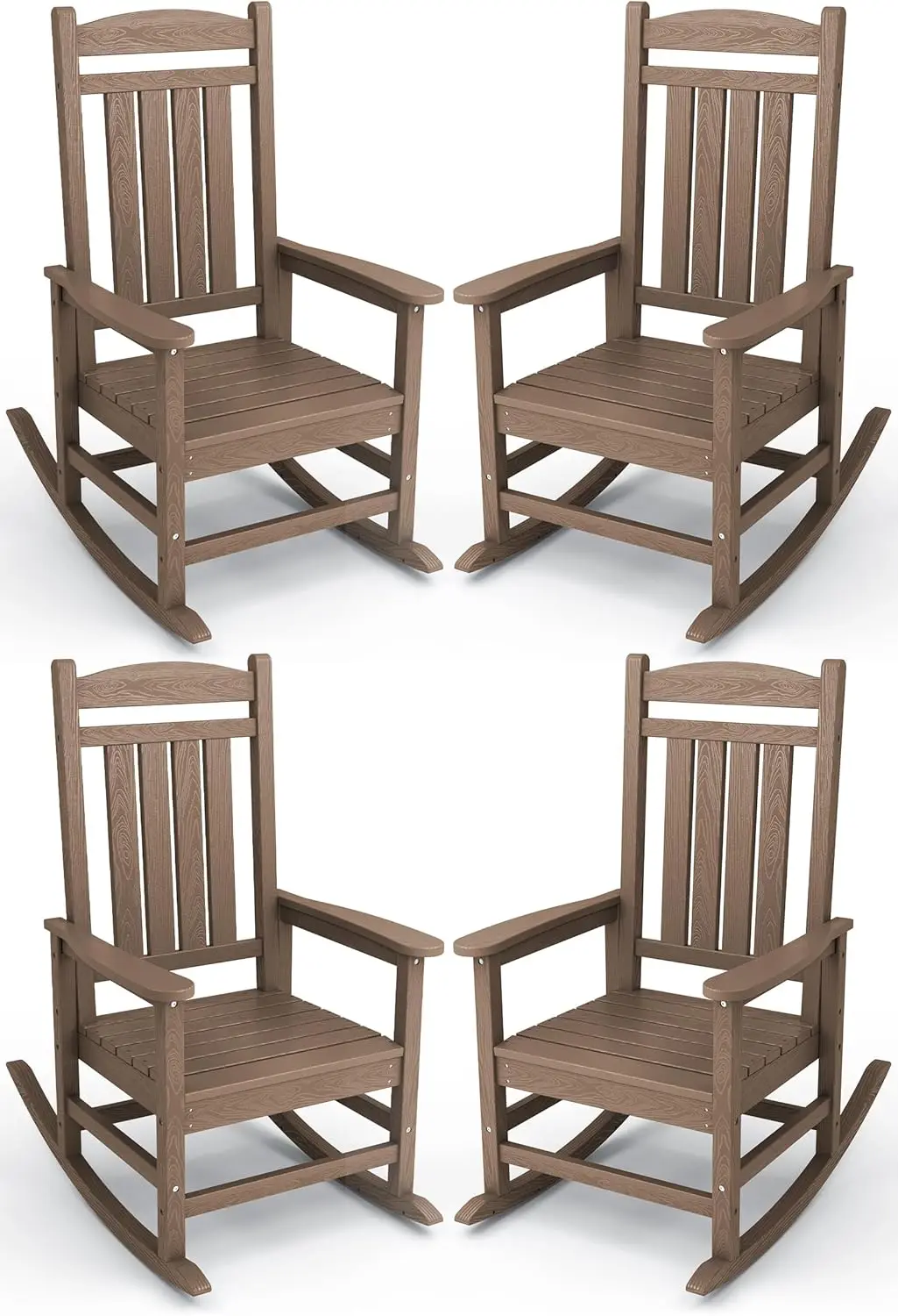 

HDPE Outdoor Rocking Chair Set of 4, All-Weather Poly Patio Rocking Chairs with 330lbs Support for Adults, Brown