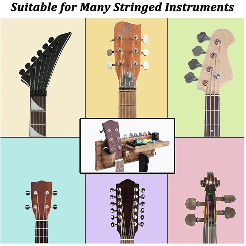 Guitar Wall Hanger Guitar Holder Wall Mount Bracket Hanger Guitar Wood Hanging With Pick Holder And 3 Hooks Carbonized