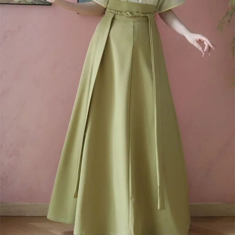 تنورة Hanfu ذات ثمانية ربطات عنق، تنورة من قطعة واحدة بطول الخصر، مناسبة يومية مع لون خالص، متعددة الاستخدامات للتنقل