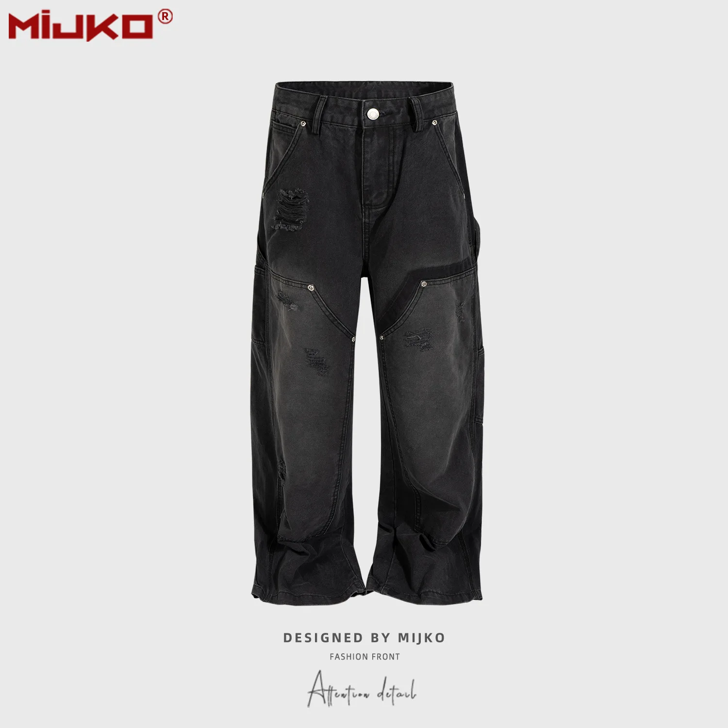 

MIJKO Unisex Washed Black Jeans Tie-Dye Faded Multiple Pockets Men's And Women's Pants Z039#