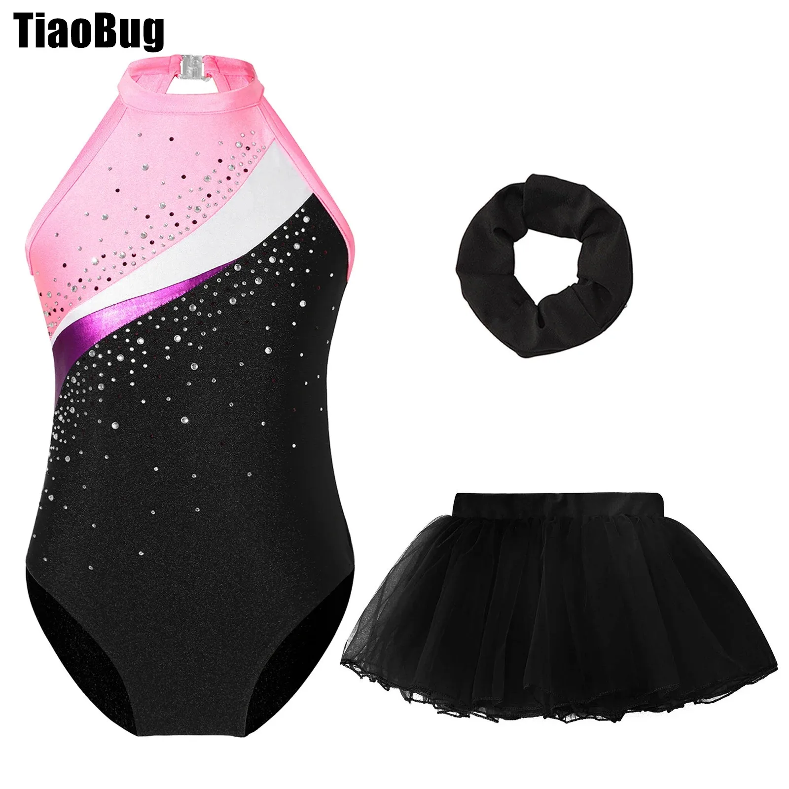 

Kids Girls Gymnastics Dance Set Hollow Back Shiny Rhinestone Decorated Leotard with Mesh Tutu Skirt Hair Band for Figure Skating