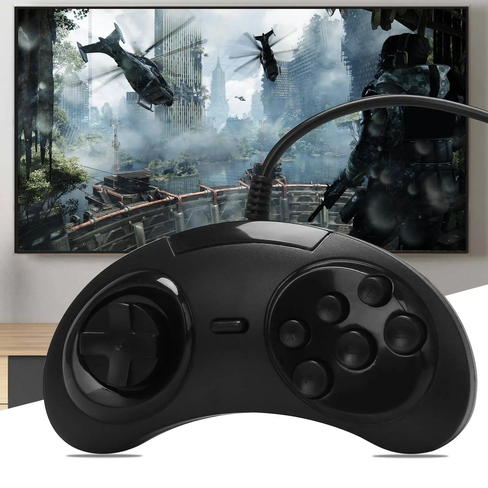 وحدة تحكم ألعاب USB سلكية مكونة من 6 مفاتيح من Gamepad Joypad لـ Sega Genesis / Md Pc / 2 Y1301 / Mac Mega Drive بلاستيك أسود