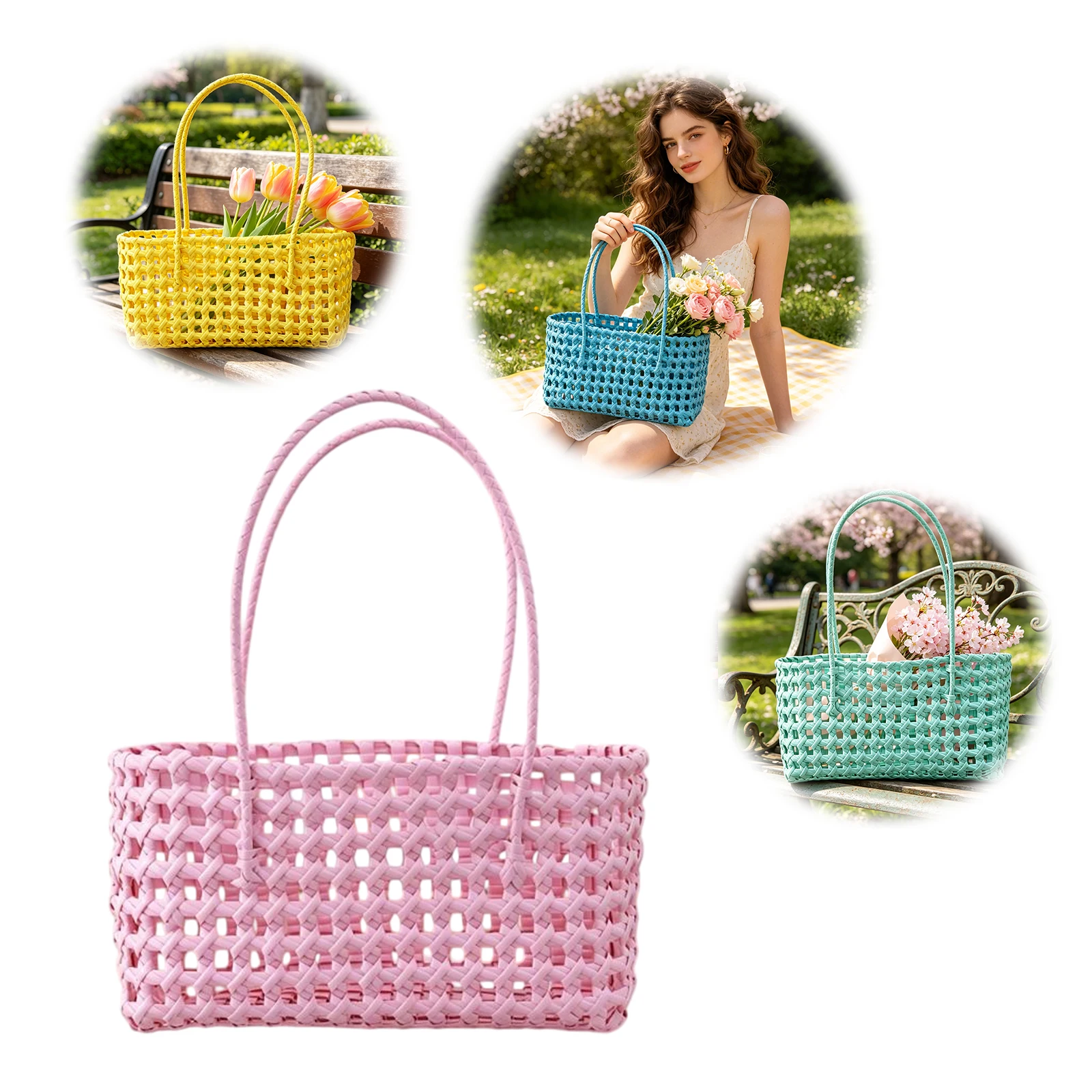 

Hollow Out Beach Bag with Handle Hollow Woven Shoulder Purse Handheld Picnic Basket for Outdoor Fruit Picking Flower Arranging