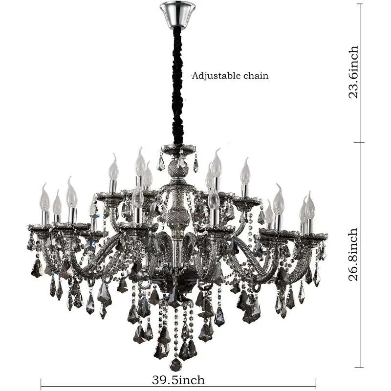 Modern Luxury K9 Crystal Chandelier 18 Light Large Smoky Gray Crystal Chandelier Lighting 39.5"E12 Crystal Pendant Light Fixture