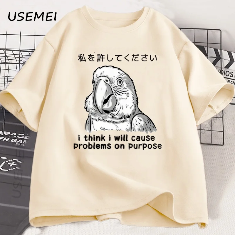 Funny Parrot I Cause Problems T Shirt Japanese Style Cotton Short Sleeve T-shirts Casual Round Neck Loose Streetwear Man Tee