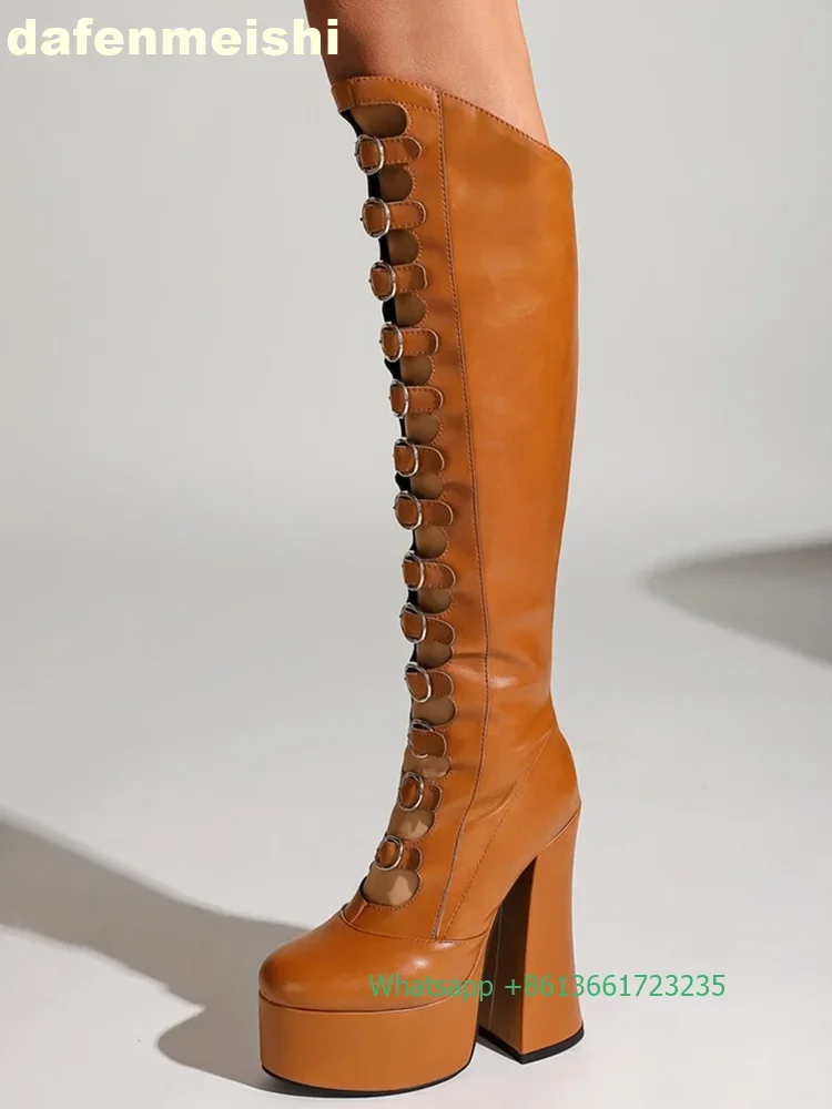 2026 New Hollow Hnee-High Boots Platform Zipper Square Heel Buckle Strap Women Pole Dance Shoes Fashion Round Toe Sexy Boots