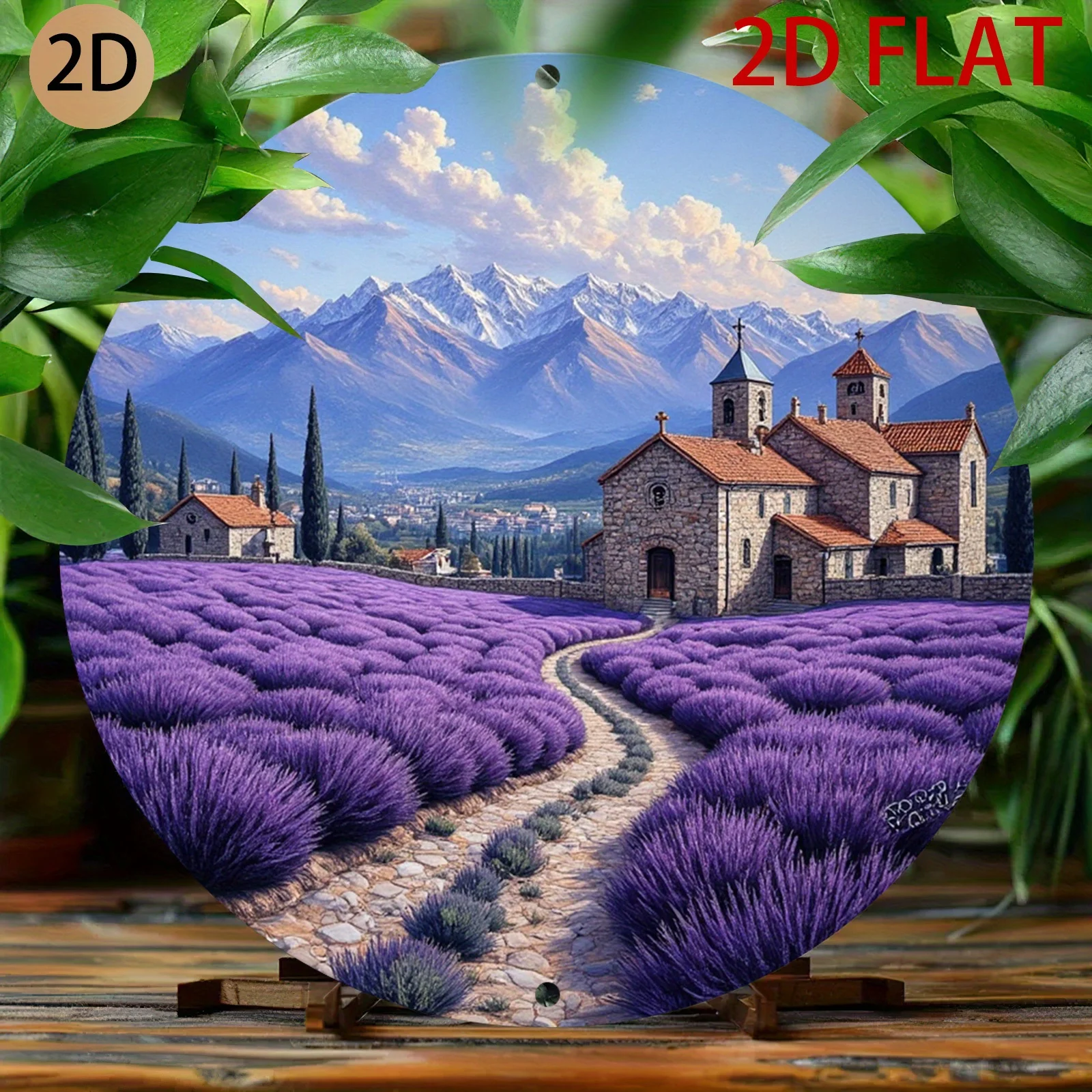 2D Lavender Field Church Mountain Round Landscape, Canvas Print Wall Art, Country European Style for Living Room Bedroom Study H