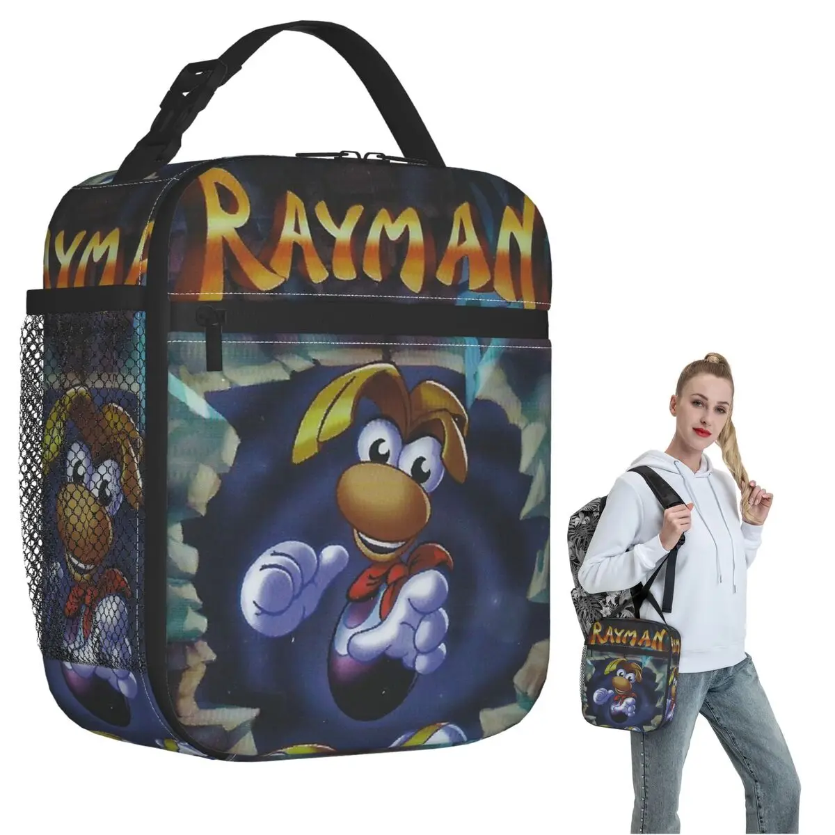 

Изолированная сумка для обедов с изображением игры Rayman для женщин и детей, термосумка для еды, винтажный дизайн для геймеров и любителей видеоигр.